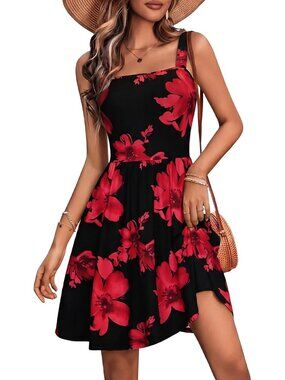 Women's Summer Square Neck Dress with Pocket Sleeveless Flower-97 High Waist
